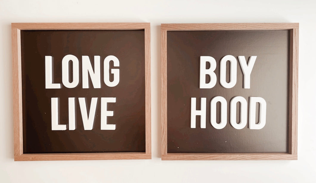 Long Live Boy Hood Pair- black background/ white letters